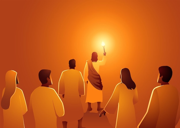 Jesús lidera el grupo de seguidores con antorcha jesús es la luz del mundo