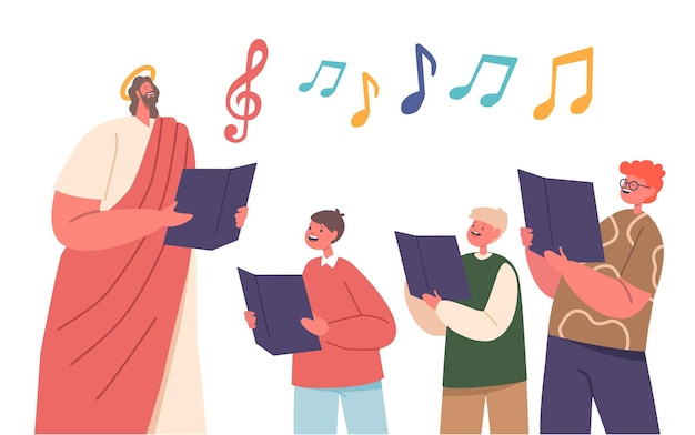 Vector jesús y los niños se reunieron con notas musicales en sus manos cantando corales armoniosos con alegría y devoción