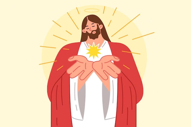 Jesús de la religión cristiana demuestra la luz que emana de las palmeras inclinando la cabeza con halo
