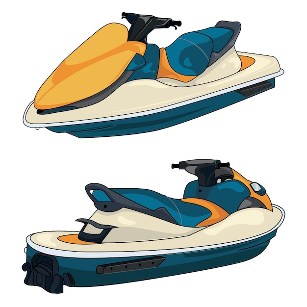 Jet ski en estilo de dibujos animados y contorno con vista frontal y vista posterior