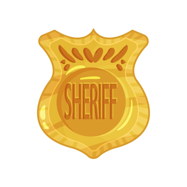 Jetton dorado con la palabra sheriff grabada. Placa de policía de latón macizo. Ficha de policía. Diseño plano de dibujos animados del emblema de policía brillante. Seguridad Pública. Ilustración vectorial aislada sobre fondo blanco.