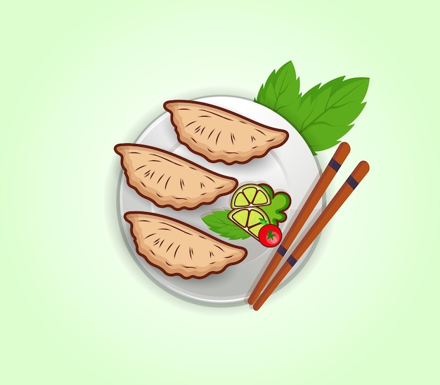 Jiaozi Vector Clip Art Design con palillos y elementos. Vector de ilustración de comida asiática mínima.