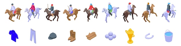 Vector jinete de caballo jugando polos juegos de iconos conjunto de vectores isométricos mazo de palo