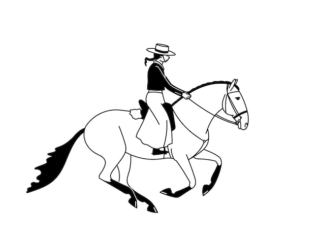 Jinete galopando en un caballo de la raza lusitano equitación de trabajo ilustración vectorial en blanco y negro