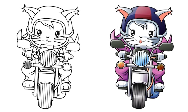 Jinete gato y motocicleta página para colorear de dibujos animados para niños