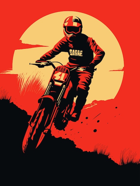 Jinete de motocross dinámico volando frente a una impresionante ilustración vectorial de puesta de sol