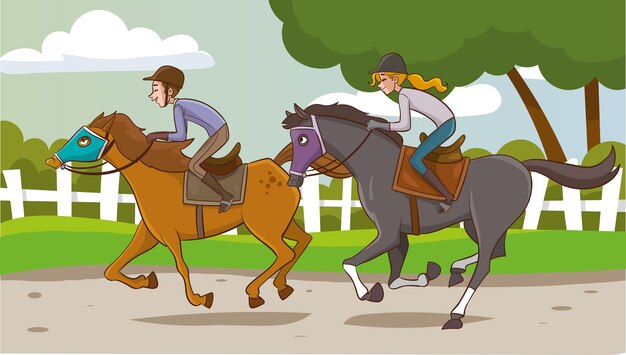 Vector jinetes ilustración vectorial de un grupo de jóvenes montando caballos