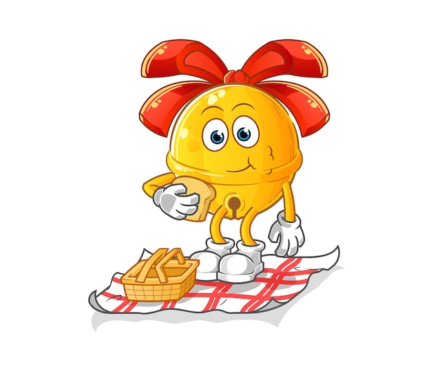 Jingle bell en una caricatura de picnic. vector de mascota de dibujos animados