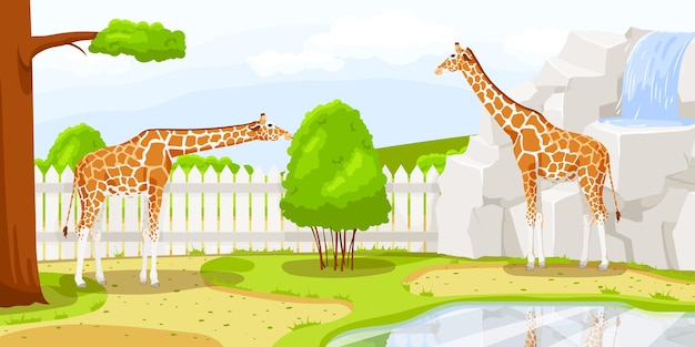 Jirafa africana parada cerca de piedra y cerca con cascada en el zoológico Safari vacaciones Vida silvestre natural Diseño de dibujos animados Personaje lindo Paisaje pintoresco Sabana salvaje Ilustración vectorial