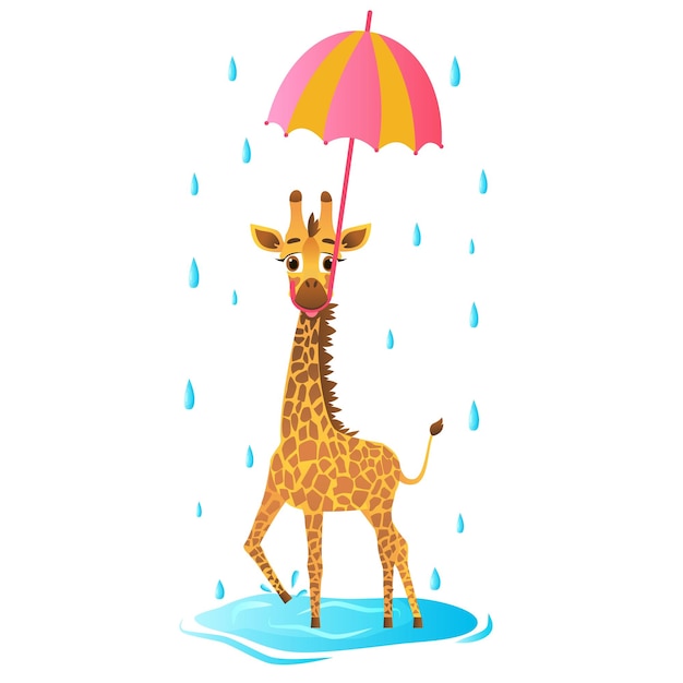 La jirafa camina bajo la lluvia bajo el paraguas Actividades de otoño Dibujado en estilo de dibujos animados Ilustración vectorial para diseños, estampados y patrones