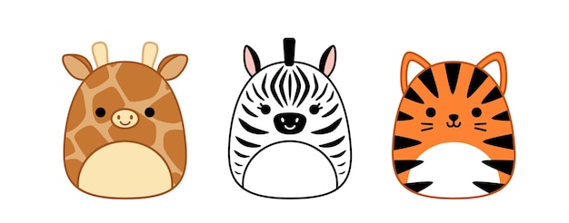 Jirafa cebra tigre Squishmallow Lindo peluche suave Almohada Dibujos animados kawaii vector
