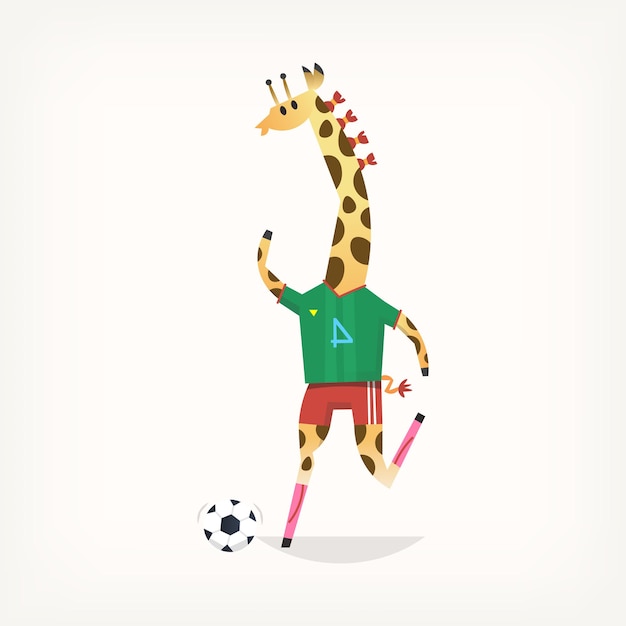 Jirafa de dibujos animados jugando fútbol o fútbol Ilustración vectorial aislada