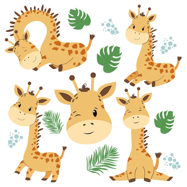 Una jirafa infantil de safari en estilo plano aislada en una ilustración vectorial de fondo blanco