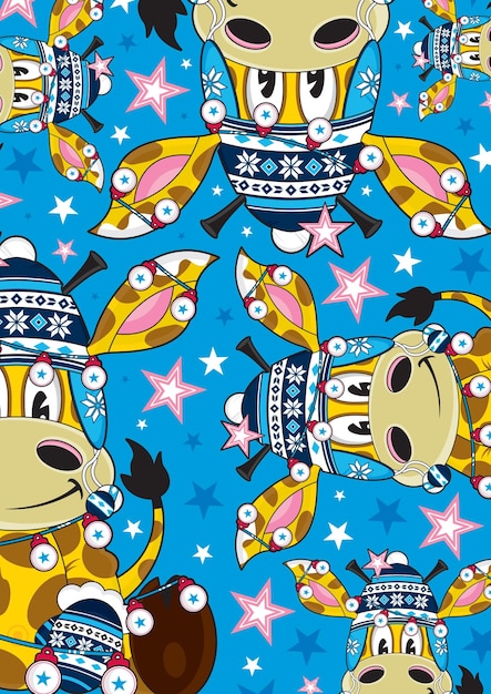 Jirafa navideña de dibujos animados con gorro de lana con patrón de estrellas y adornos