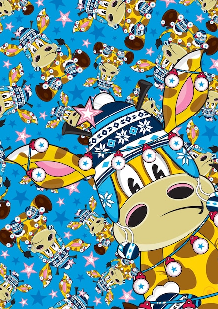 Jirafa navideña de dibujos animados con gorro de lana con patrón de estrellas y adornos
