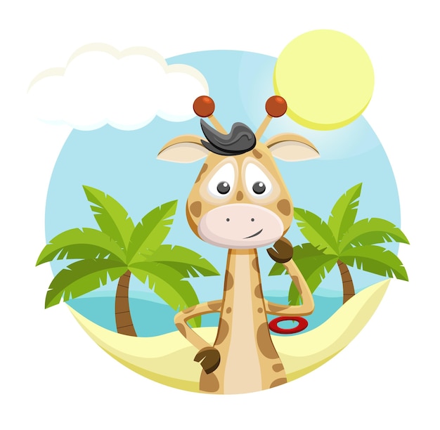 Jirafa en la playa con palmeras.
