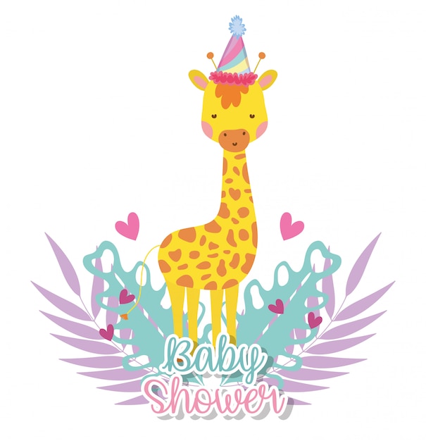 Vector jirafa con sombrero de fiesta para celebrar baby shower.