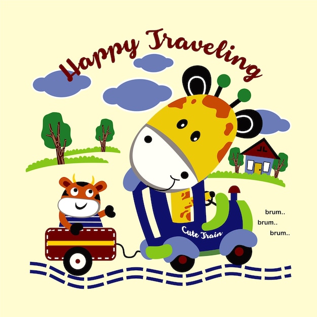 la jirafa y la vaca están jugando al aire libre diseño de dibujos animados ilustración vectorial