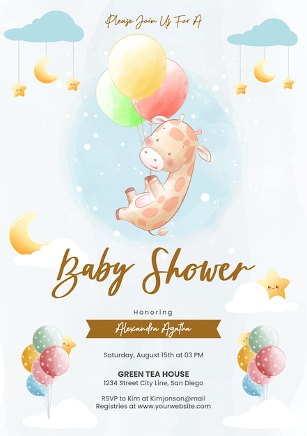 Jirafa volando con globos a las nubes en estilo acuarela baby shower invitación