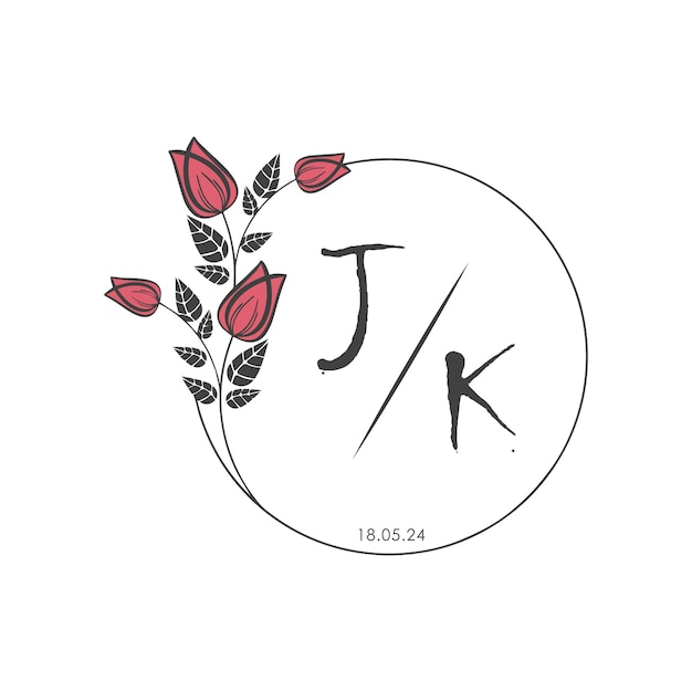JK monograma inicial algunas rosas círculo de boda con diseño creativo