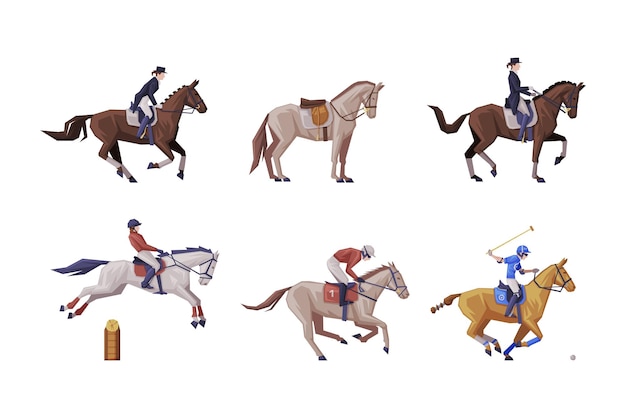 Jockey en caballos de carreras Montar a caballo en silla de montar como conjunto vectorial de deportes ecuestres