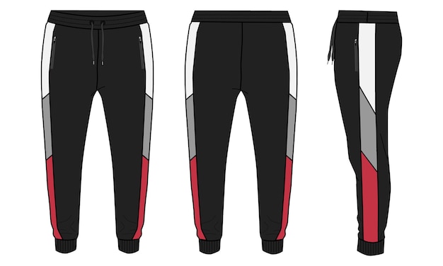 Jogger pantalones de chándal moda técnica dibujo plano vector ilustración plantilla de color negro