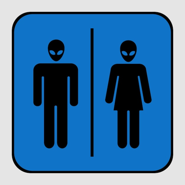 Vector joky, negro y azul, señales de baño, alienígena, mujer, hombre, minimalista, icono, conjunto, vector, ilustración