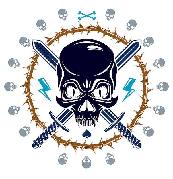 Jolly Roger cabeza muerta cráneo agresivo emblema o logotipo vectorial de piratas con armas y otros elementos de diseño logotipo o tatuaje de estilo vintage