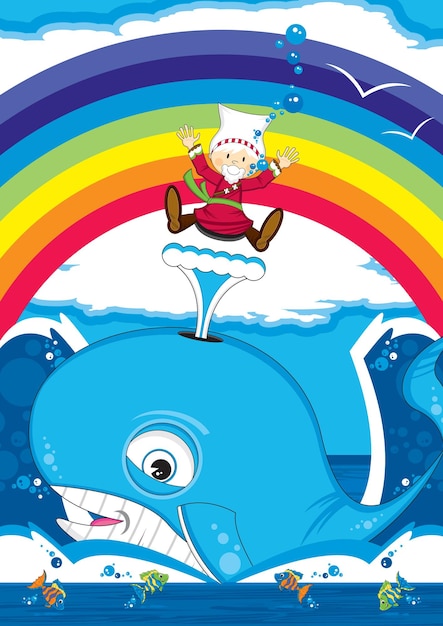 Jonás y la ballena con peces y arcoíris Ilustración bíblica
