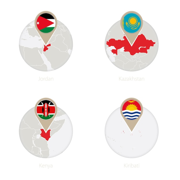 Jordania Kazajstán Kenia Kiribati mapa y bandera en círculo