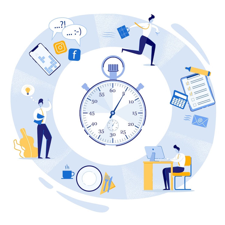 Vector jornada de trabajo, cronómetro con tareas diarias.