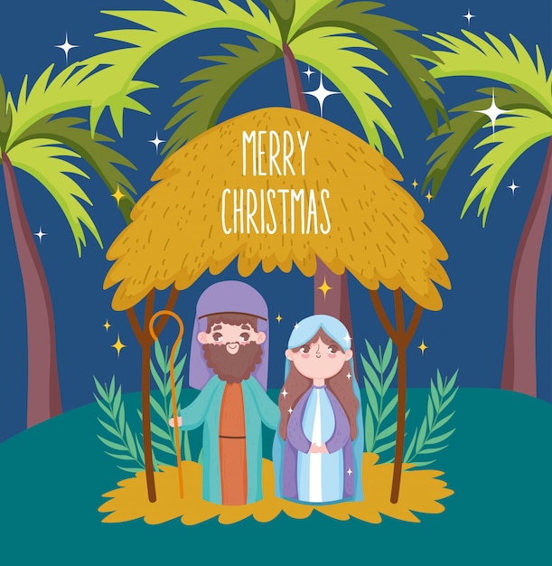 Joseph and mary hut palms pesebre natividad, feliz navidad