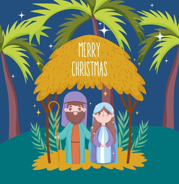 Vector joseph and mary hut palms pesebre natividad, feliz navidad