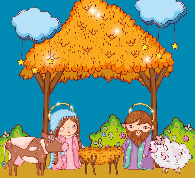 joseph y mary en la cuna y las nubes del pesebre