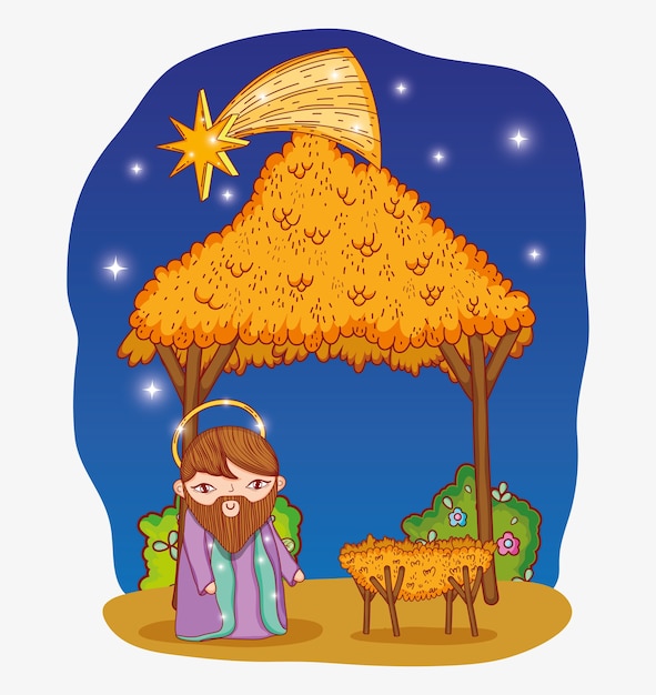 joseph en el pesebre y cuna con lindas estrellas