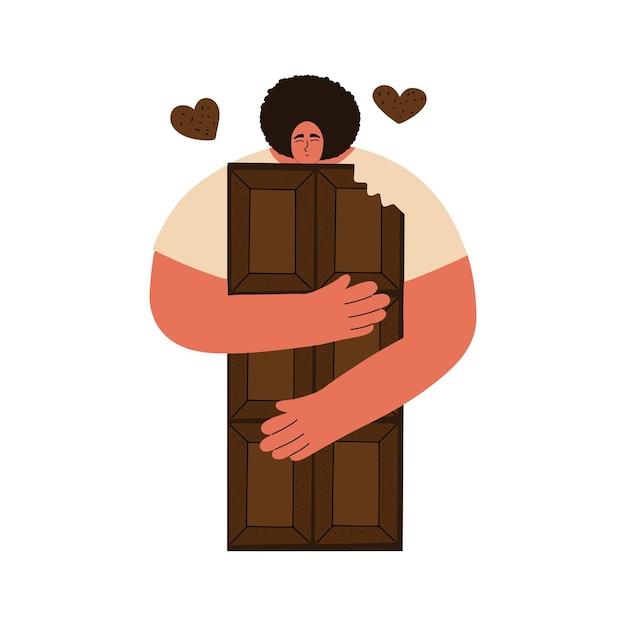 Un joven abraza una gran barra de chocolate negro concepto de amor de comida dulce ilustración vectorial en estilo plano