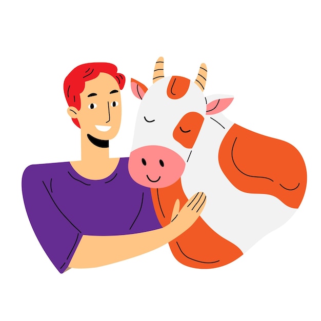 Joven abraza a una vaca linda ilustración vectorial sobre el tema del veganismo y el vegetarianismo