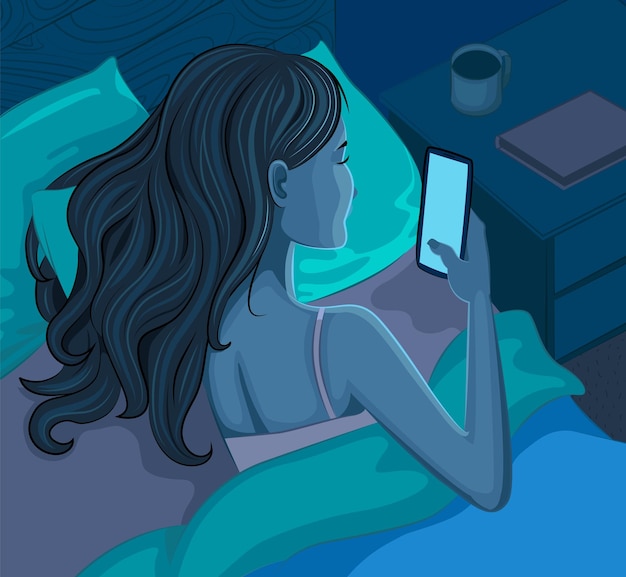 la joven se acuesta en la cama y mira la pantalla del teléfono. Iluminación nocturna en el dormitorio.