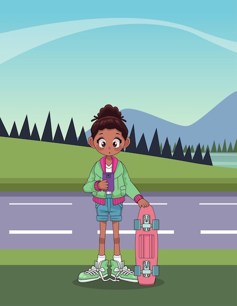 Joven adolescente afro con patineta en la ilustración de personaje de carretera