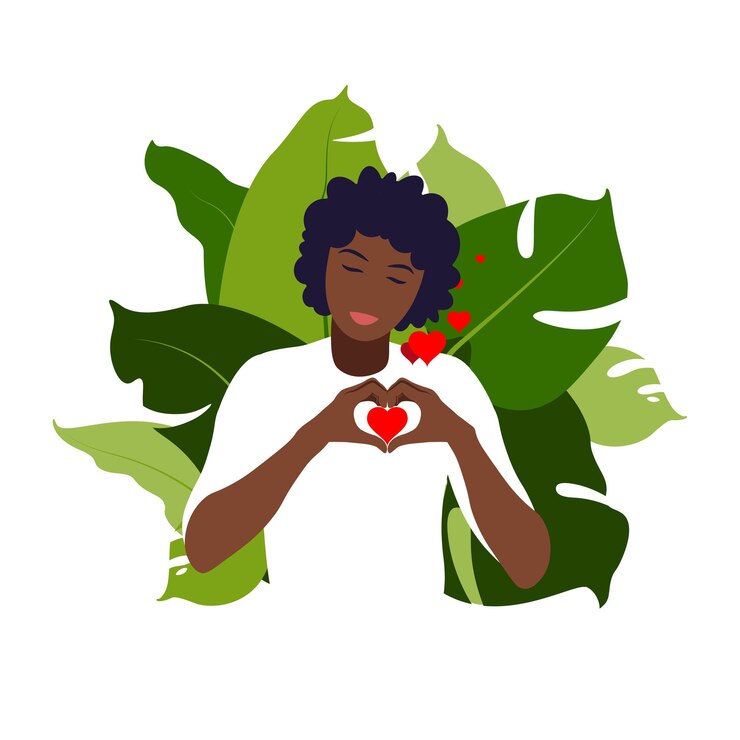 Vector joven africana abraza un gran corazón con amor y cuidado. autocuidado y concepto positivo del cuerpo. feminismo, lucha por tus derechos, concepto de poder femenino. departamento.