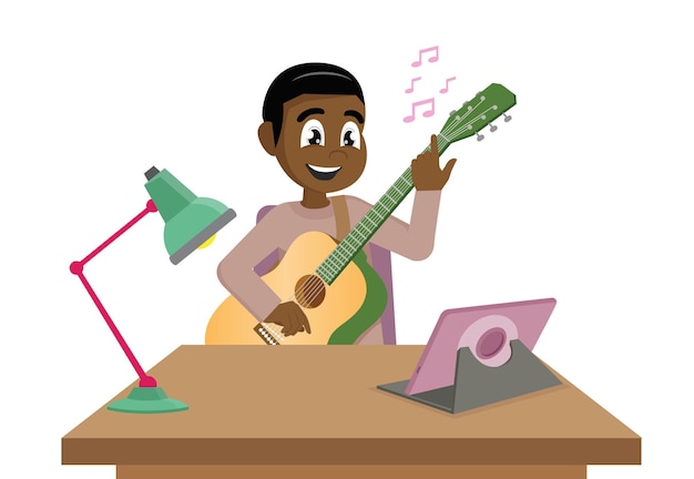 Joven africano tomando lecciones de música en línea en homevector eps10