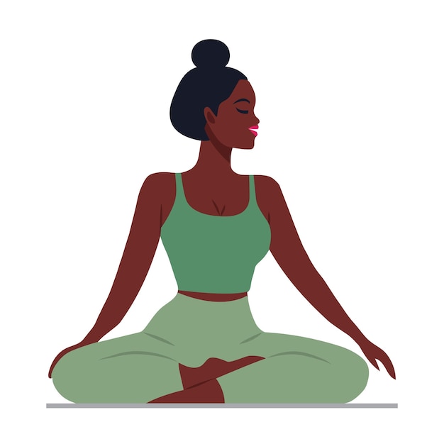 Una joven afroamericana haciendo yoga, cuidado personal, relajación, vida saludable, aislada sobre un fondo blanco.