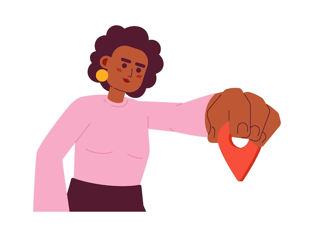 Joven afroamericana pone gps pin semi plano color vector personaje Editable medio cuerpo persona eligiendo ubicación para viajar en blanco Simple caricatura spot ilustración para diseño gráfico web