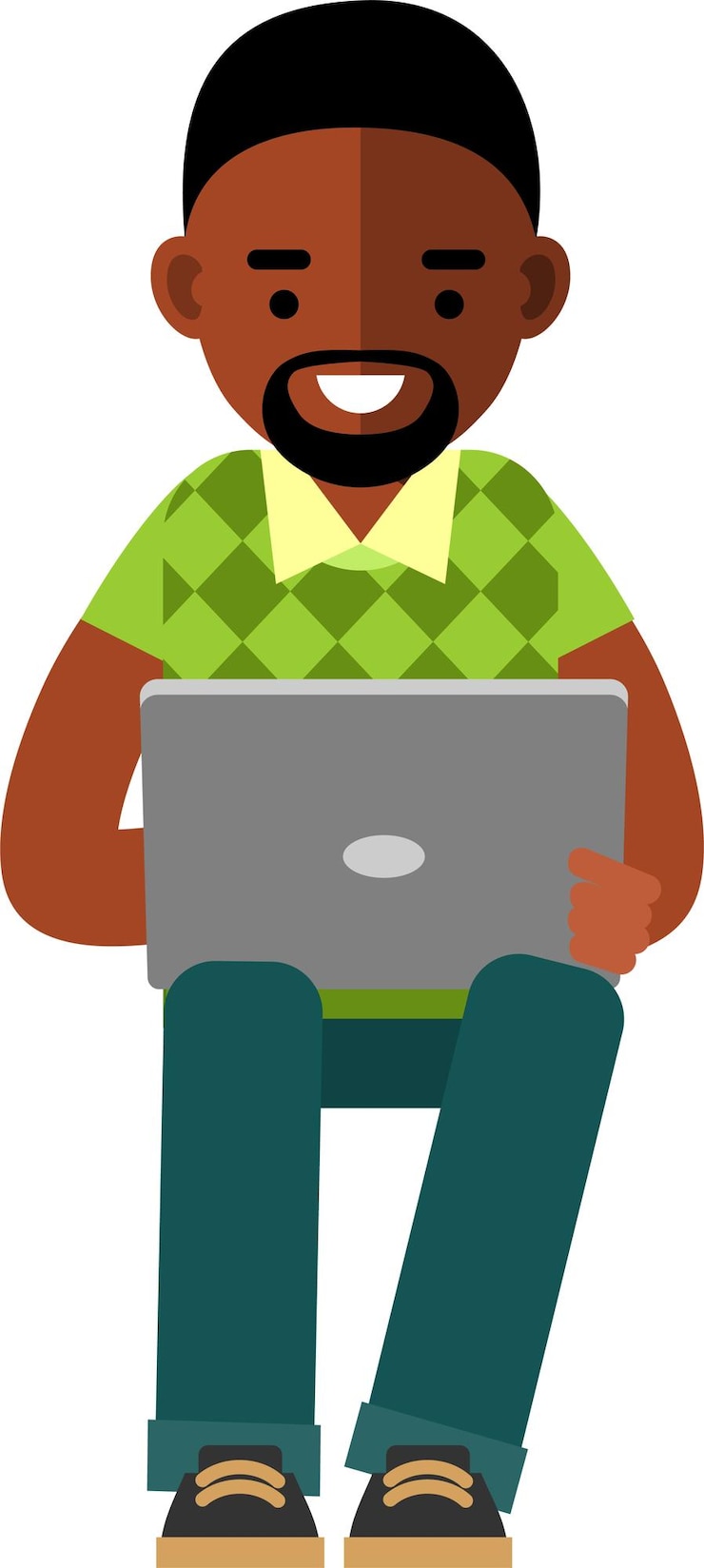 Vector joven afroamericano negro sentado y usando un dispositivo portátil para computadora portátil