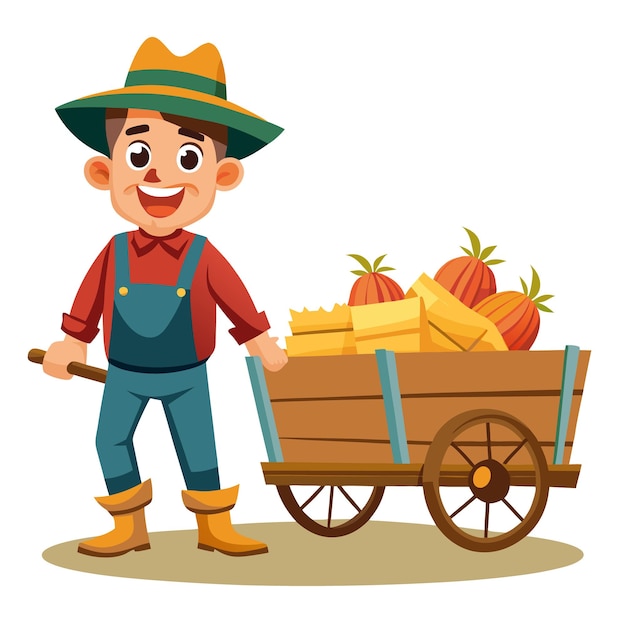 Joven agricultor con el arte vectorial del vagón de la cosecha
