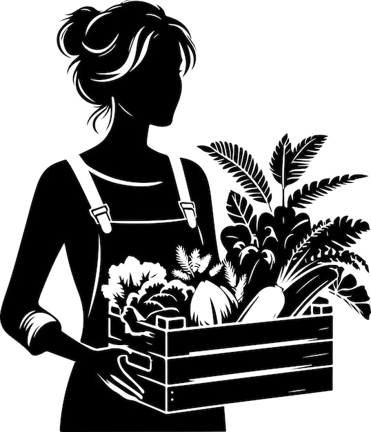 Vector joven agricultora que lleva una caja de productos frescos