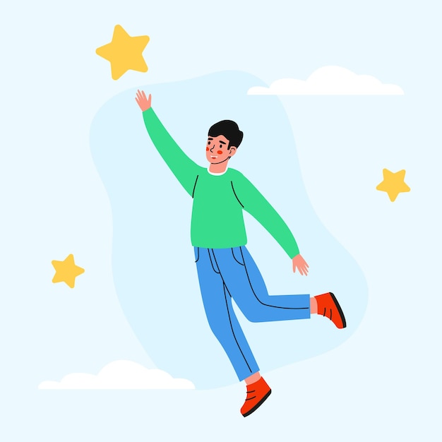 Joven alcanzando estrellas lejanas en el cielo brillante hombre logra sus metas va hacia su sueño