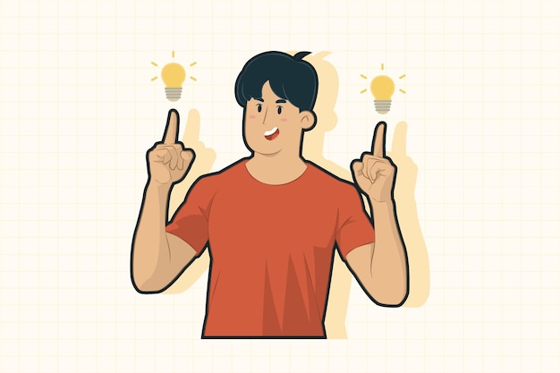 Un joven alegre apuntando al concepto de idea
