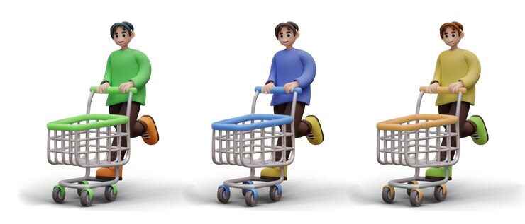 Vector joven alegre con un carrito de compras vacío concepto de comprador