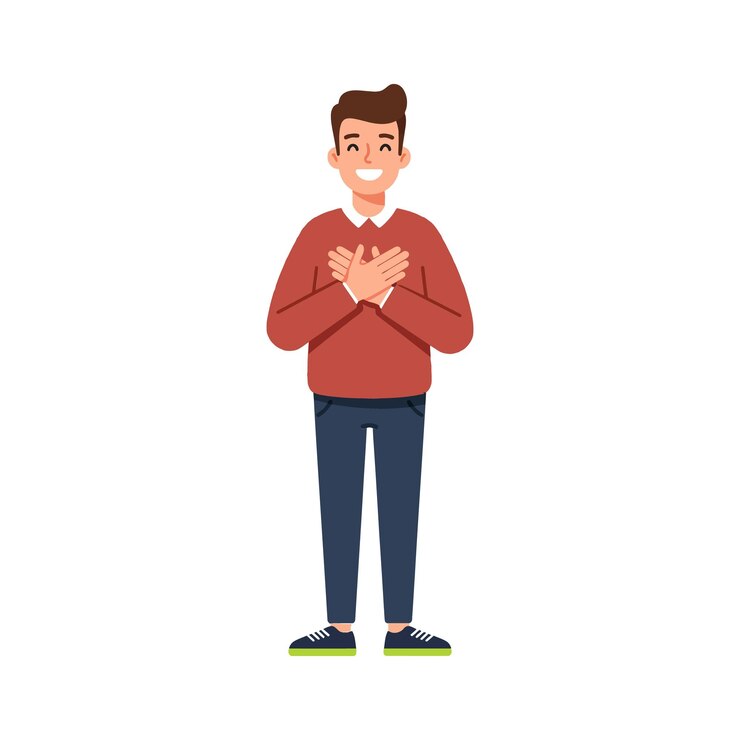 Vector joven alegre de pie con las manos sobre el corazón en estilo vectorial minimalista expresando gratitud y calidez mostrando felicidad y positividad en el arte vectorial